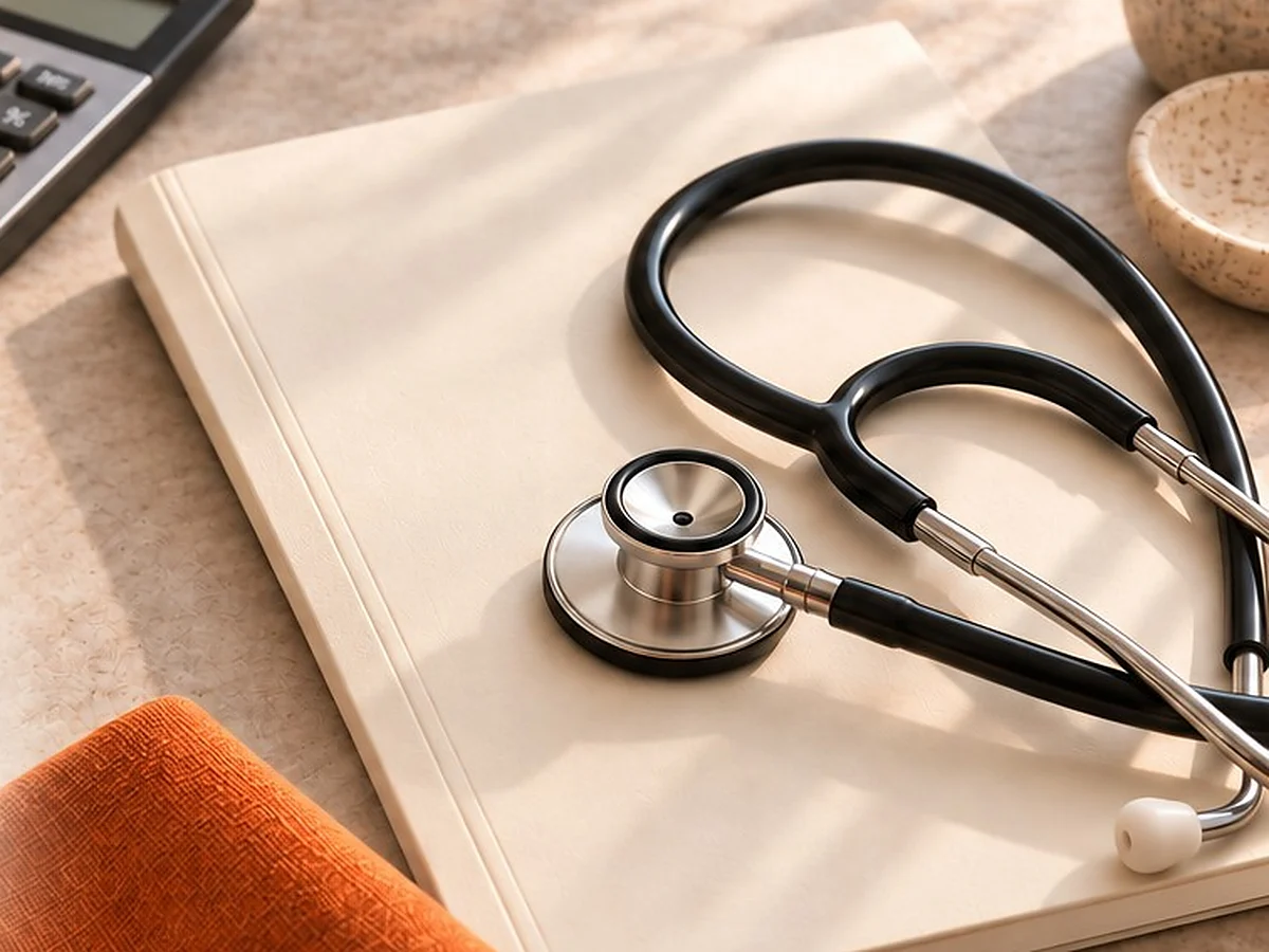 A stethoscope resting on a notebook beside a calculator on a sunlit desk.