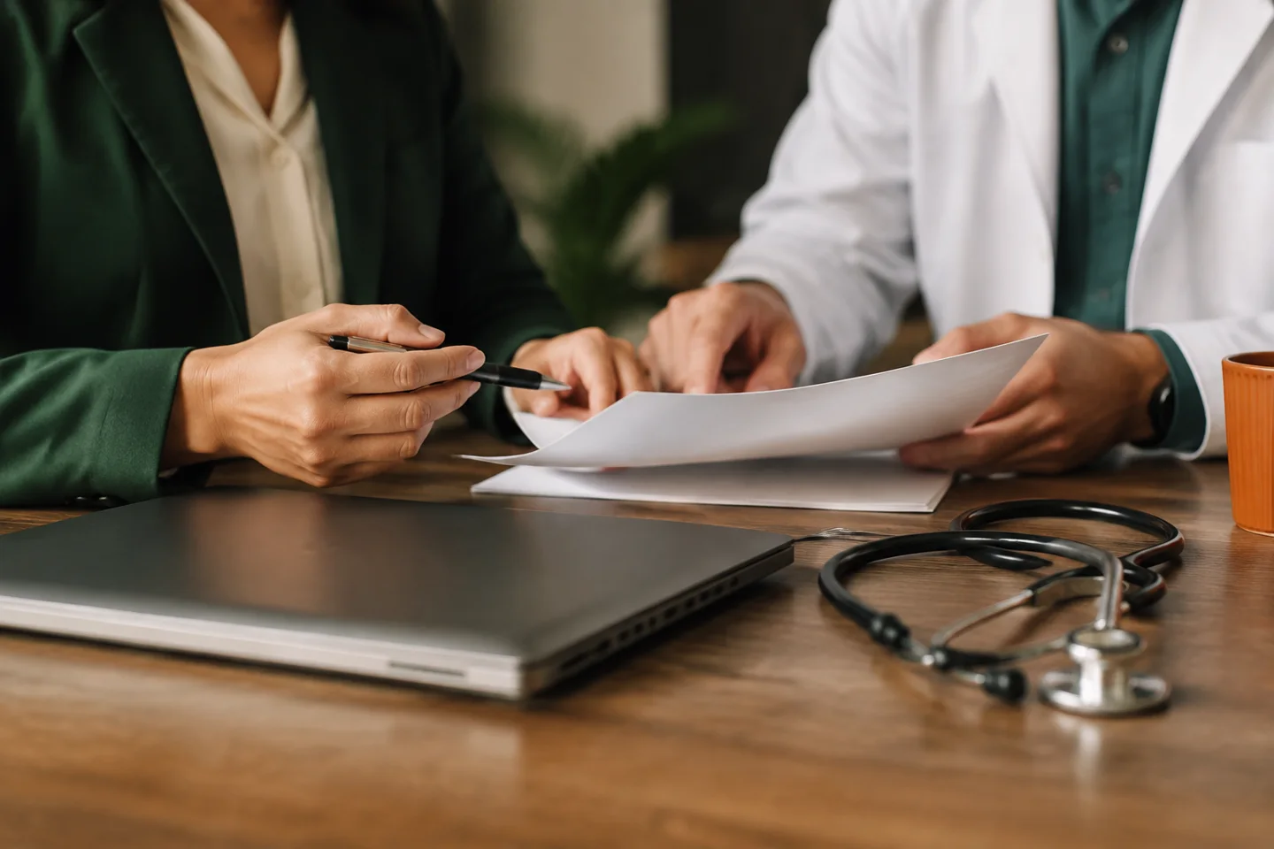 Two professionals reviewing paperwork beside a laptop and stethoscope; generated editorial image