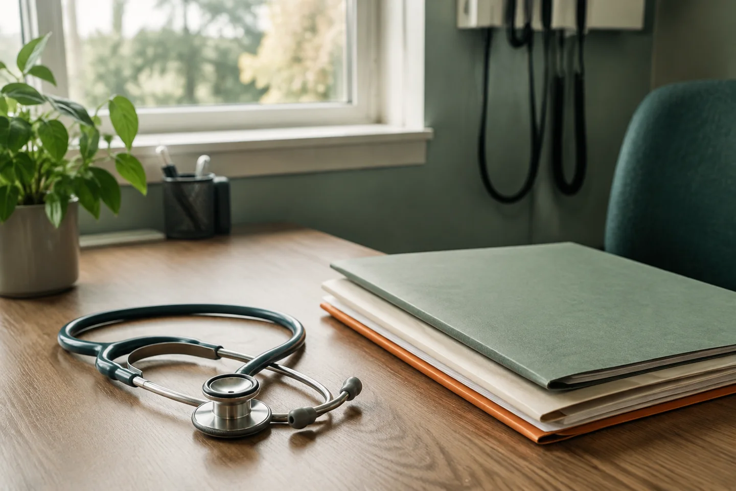Stethoscope and closed folders on a medical office desk; generated editorial image