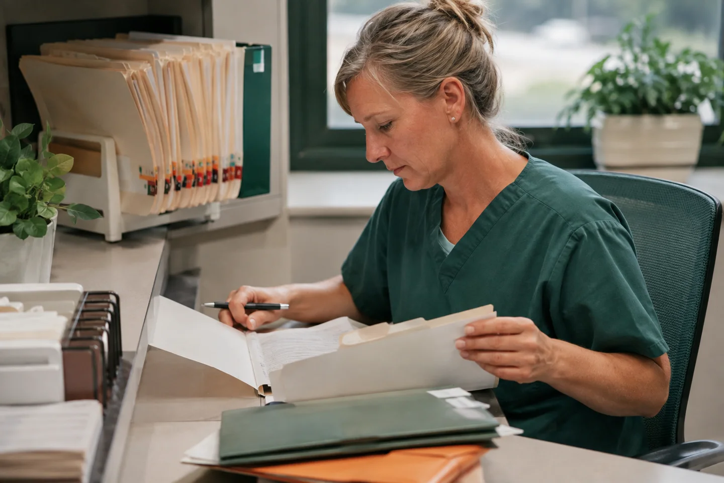 Healthcare worker organizing folders and correspondence; generated editorial image