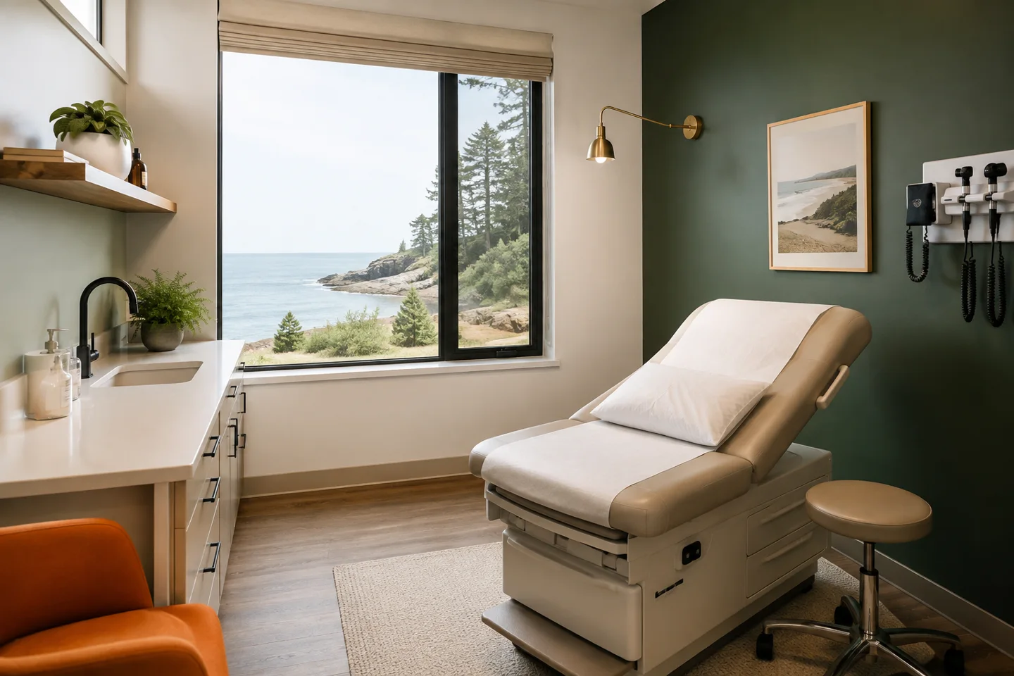 Empty examination room with a treatment chair and diagnostic equipment; generated editorial image
