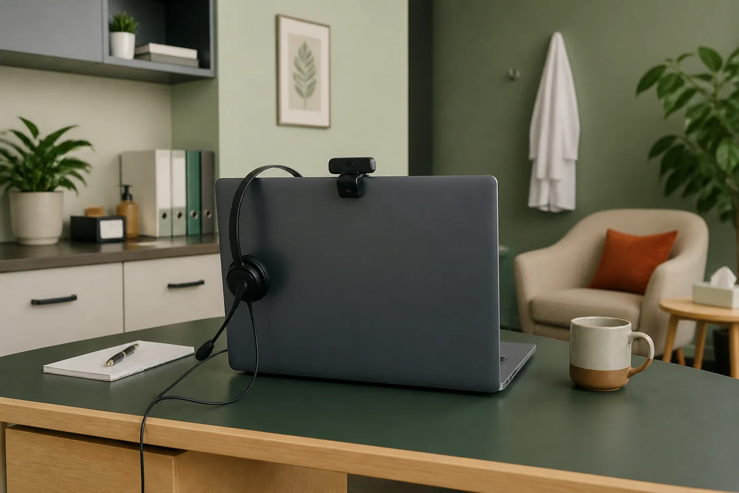 Laptop with webcam and headset in a private consultation setting; generated editorial image