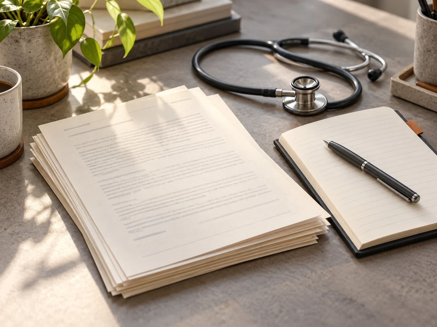 Agreement papers, a notebook and pen, and a stethoscope on a sunlit desk.